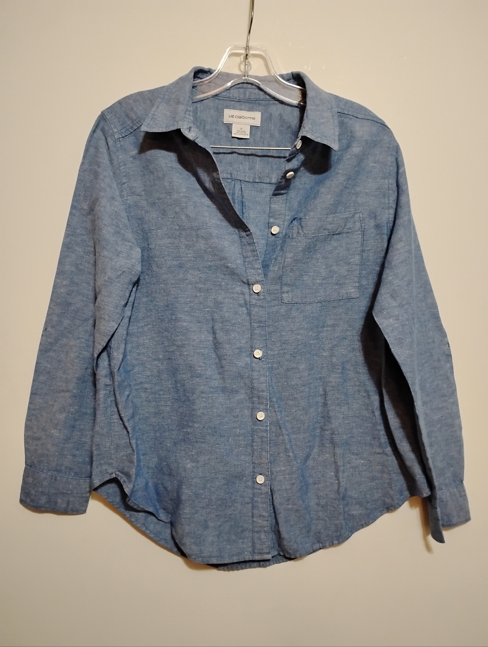 Liz Claiborne Light Blue Chambray Button-Up Shirt 55% Linen 45% Cotton S